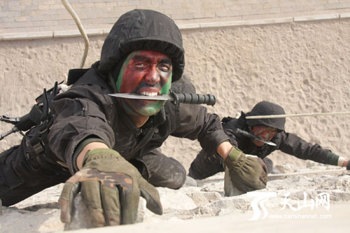 特种兵在训练攀爬技能。