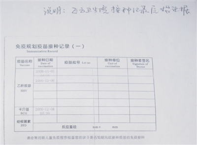张亚提供的接种记录单复印件,显示均无接种单位盖章和接种者签名.