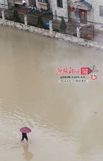 ????积水封堵了小区大门,居民出行先要涉水。(燕赵都市报记者赵海江 摄)