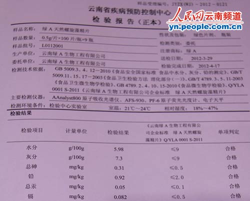 2012年3月29日云南省疾病预防控制中心检验报告