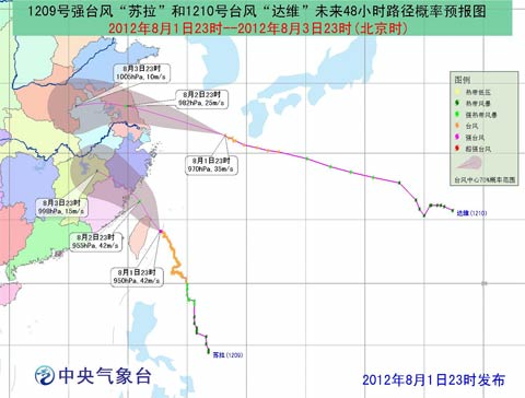 “苏拉”、“达维”未来48小时路径概率预报图