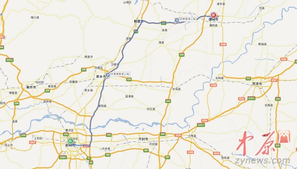 在地图上郑州至濮阳的路线