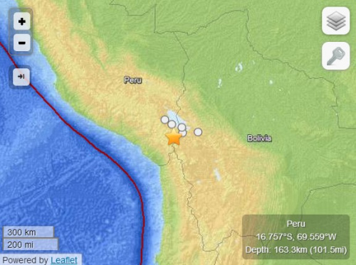  秘鲁南部 发生5.3级地震 震源深度163公里(图)_