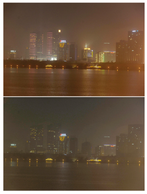 　　3月23日晚，南京玄武湖附近部分建筑熄灯，响应“地球一小时”活动。记者邵丹　摄