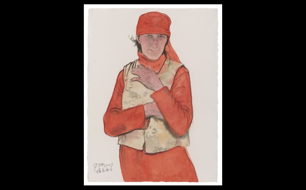 穿红衣的塔吉克女人 纸上作品76×56cm  2013年